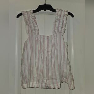 NWT Pink & White Striped Sleeveless Blouse With Wide Ruffled Straps.